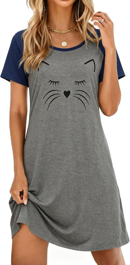 Womens Nightgown Short Sleeve Night Dress Printed Sleepwear Soft Sleep Shirt S-3XL