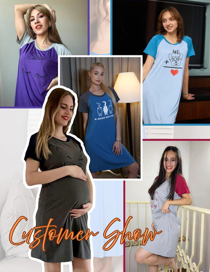 Womens Nightgown Short Sleeve Night Dress Printed Sleepwear Soft Sleep Shirt S-3XL