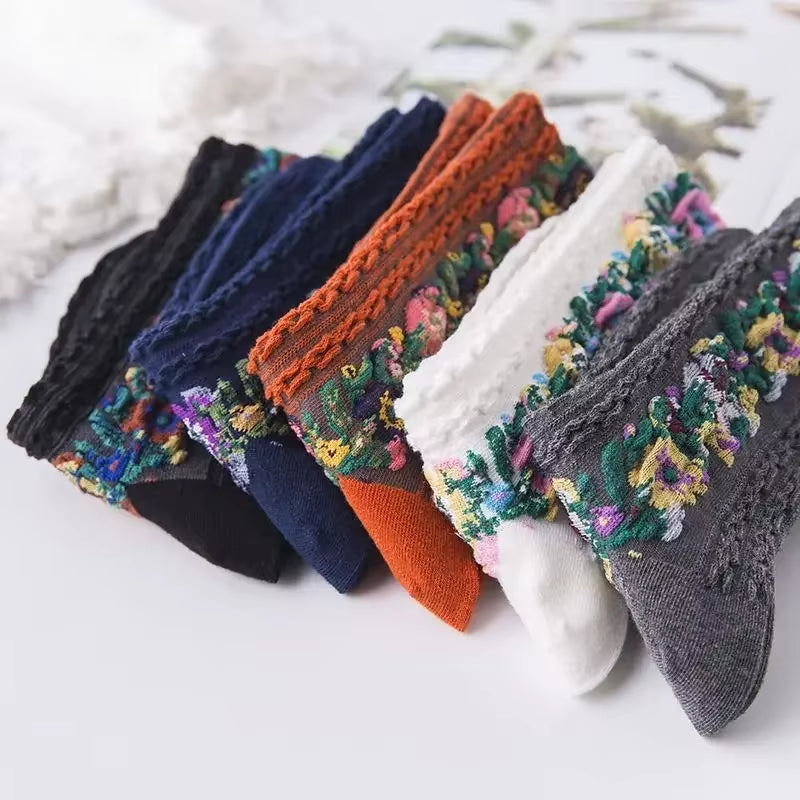 Women'S Socks Pure Cotton Flower Embroidery Medium Tube Socks Retro 2024 Trend Ethnic Style Spring Summer