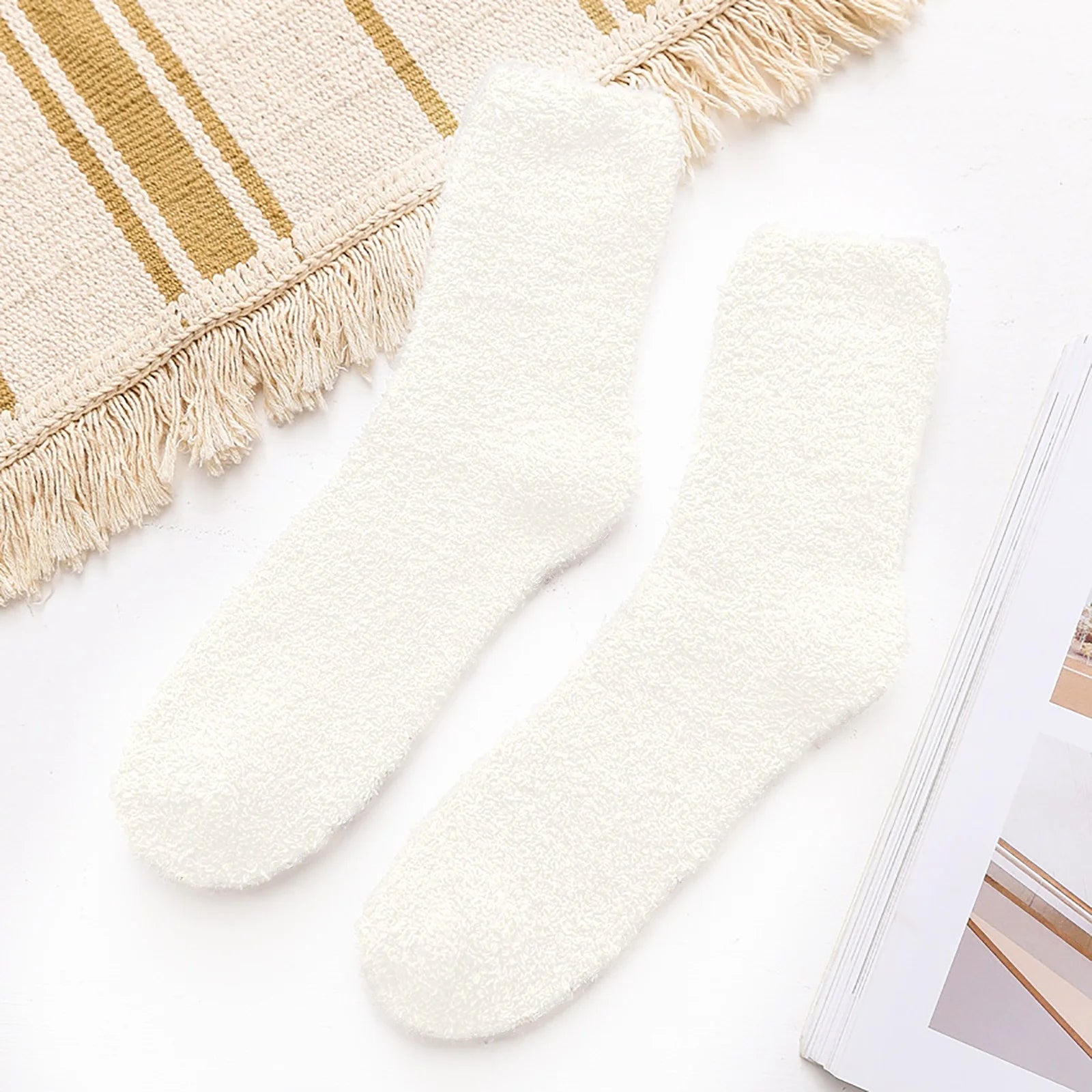 White Socks Women Fuzzy Fluffy Cozy Slipper Socks Warm Soft Winter Plush Home Sleeping Socks